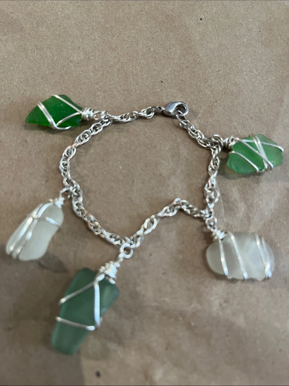 Handmade Green & White Sea Glass Charm Bracelet - Unbranded